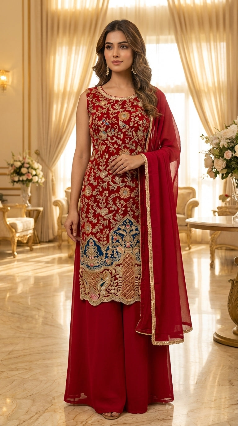 Long Straight Suit with Emb & Print work Paired with Plazo and Dupatta