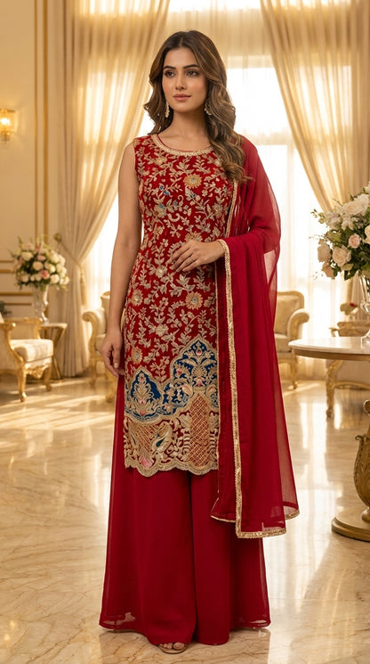 Long Straight Suit with Emb & Print work Paired with Plazo and Dupatta