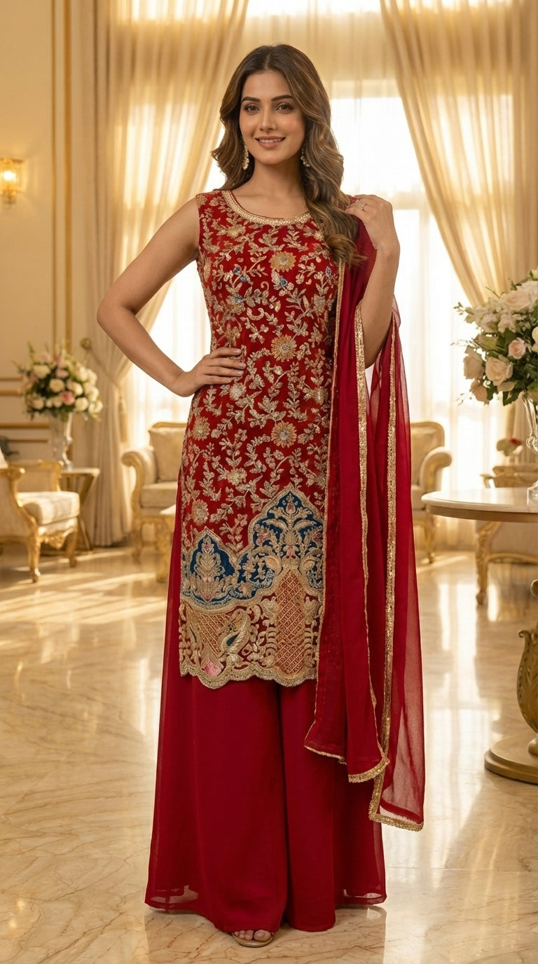Long Straight Suit with Emb & Print work Paired with Plazo and Dupatta