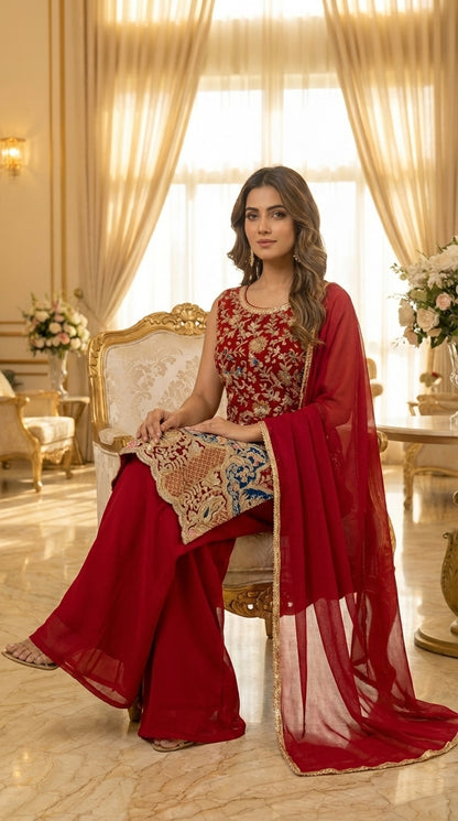 Long Straight Suit with Emb & Print work Paired with Plazo and Dupatta