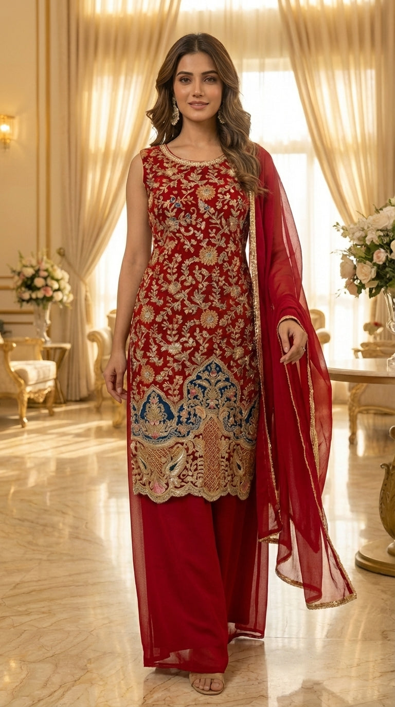 Long Straight Suit with Emb & Print work Paired with Plazo and Dupatta