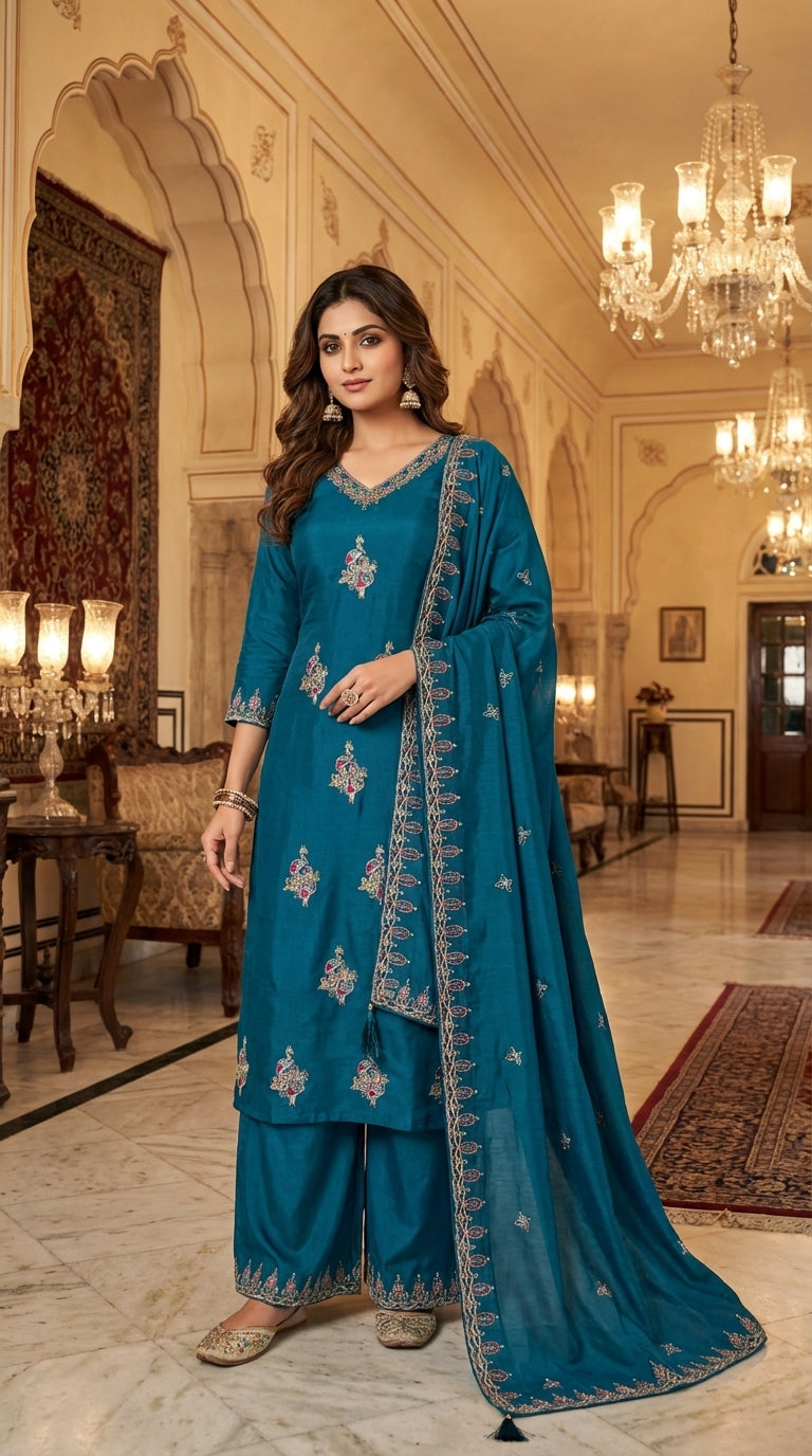 Embroidered Suit with Pant and Dupatta