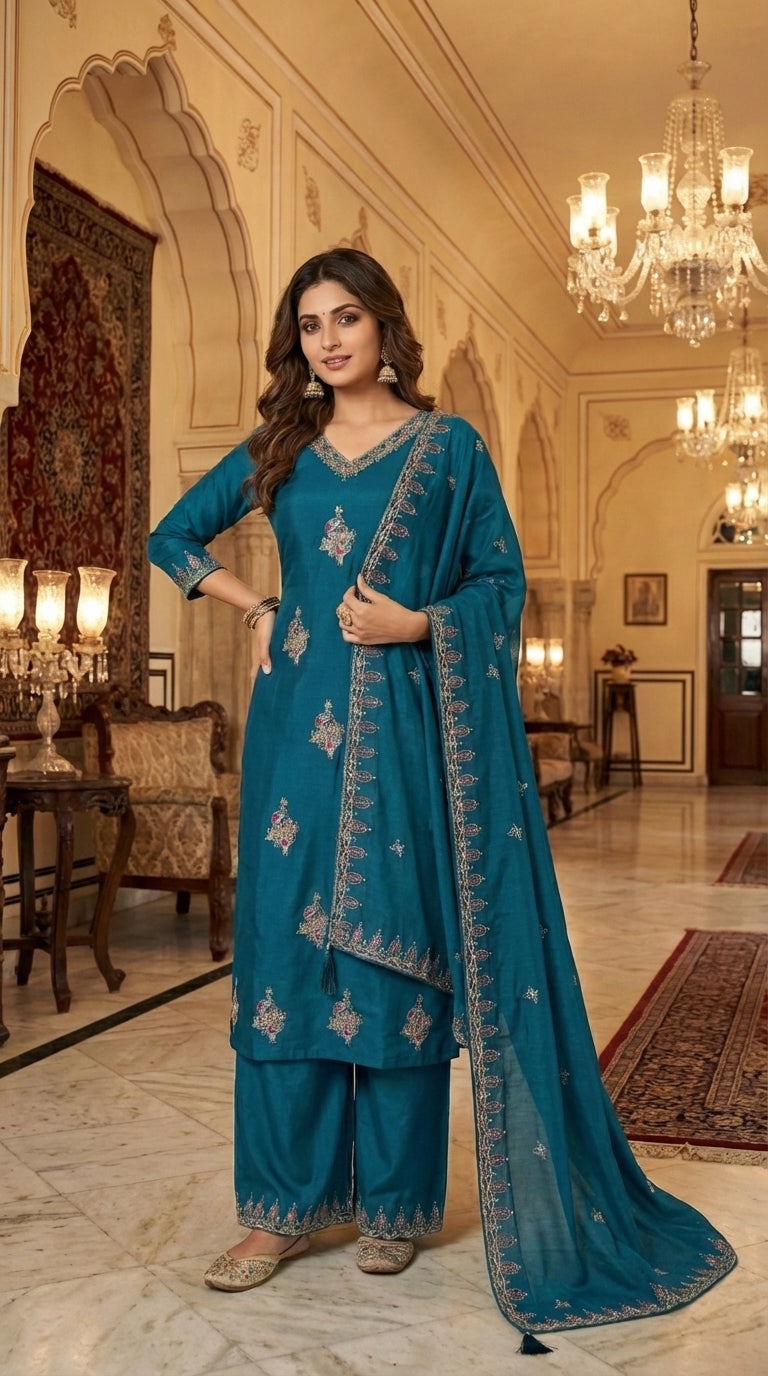 Embroidered Suit with Pant and Dupatta