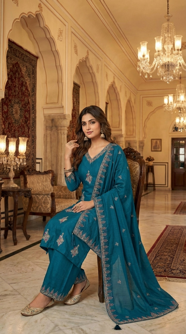 Embroidered Suit with Pant and Dupatta