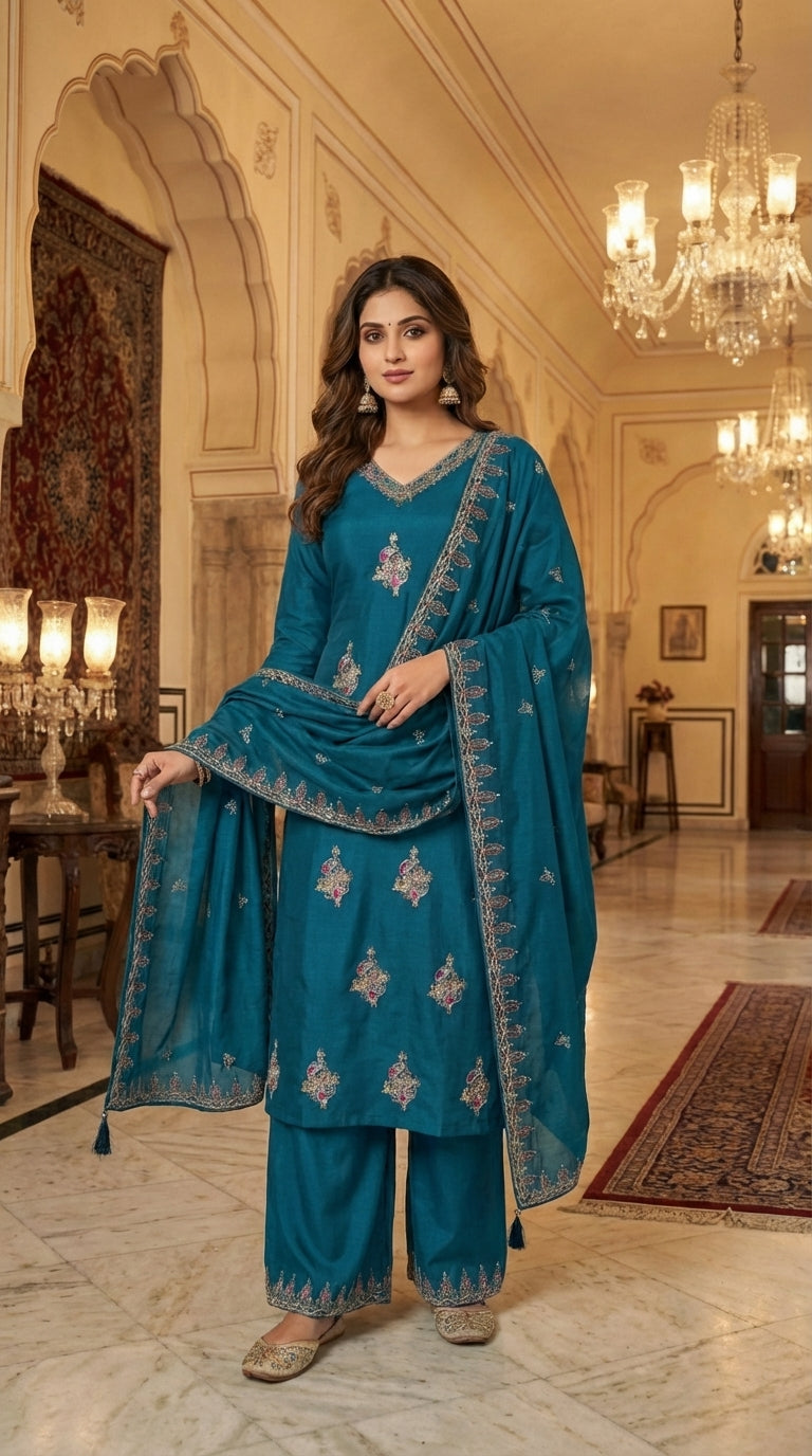 Embroidered Suit with Pant and Dupatta
