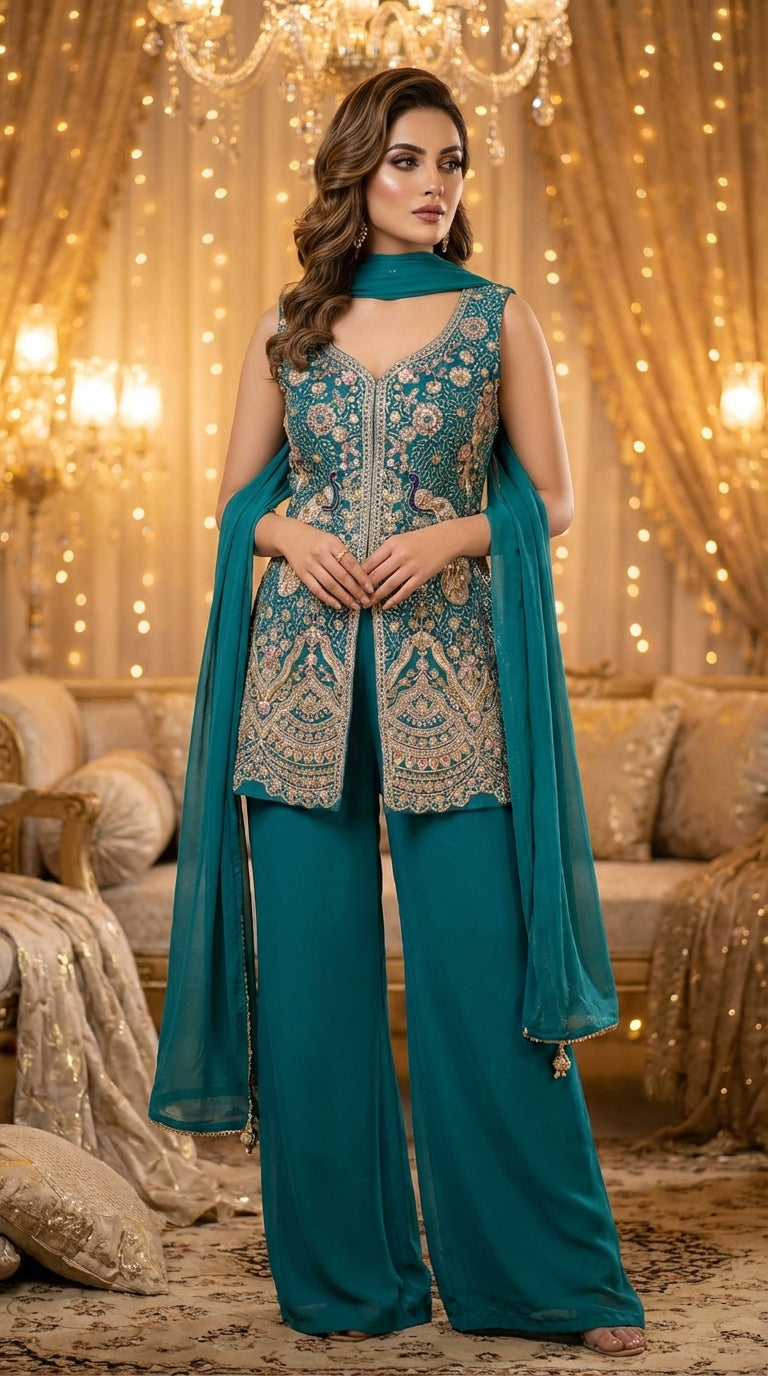 Embroidered Straight Top with Dupatta and Palazzo