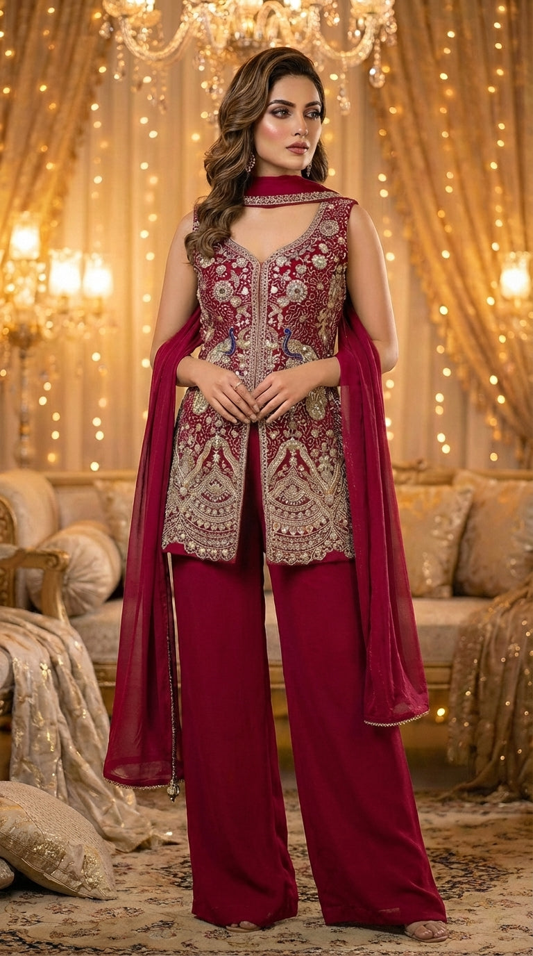 Embroidered Straight Top with Dupatta and Palazzo