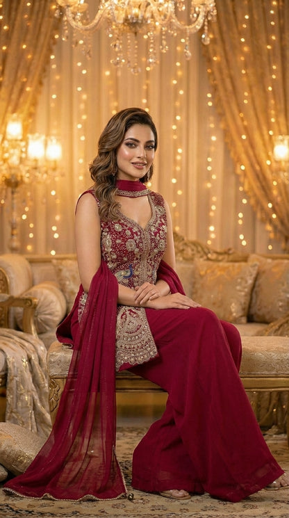 Embroidered Straight Top with Dupatta and Palazzo