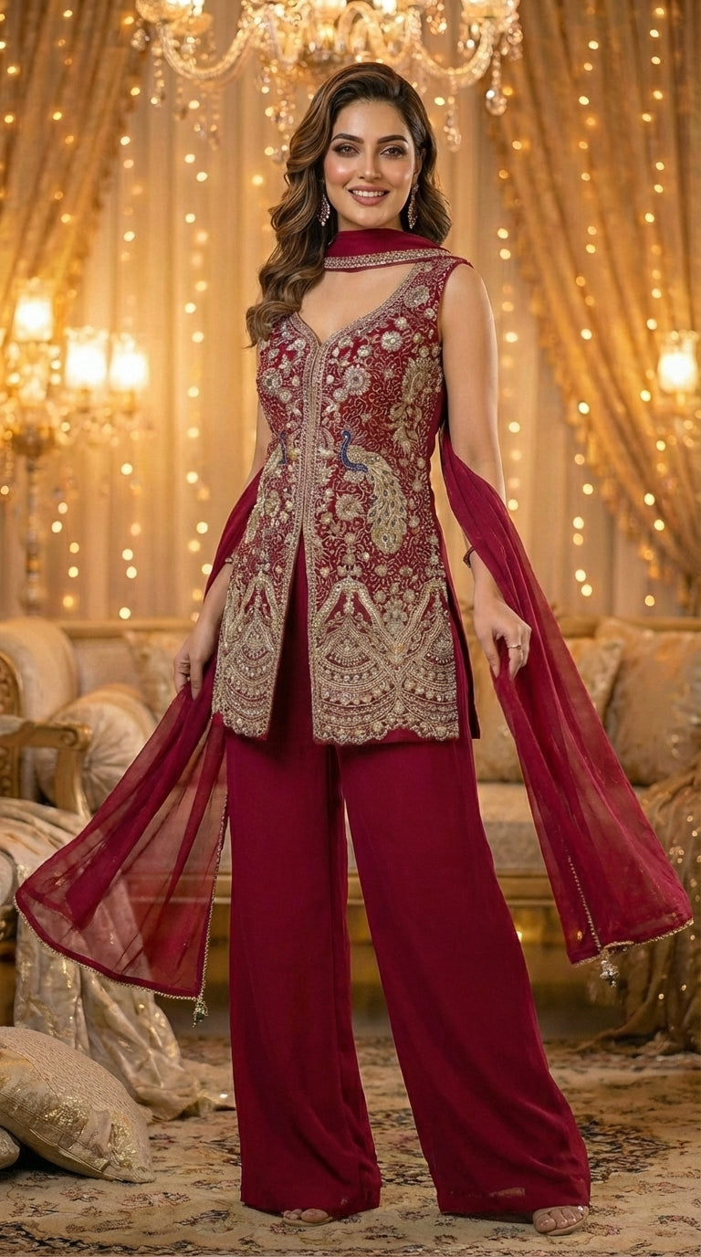 Embroidered Straight Top with Dupatta and Palazzo
