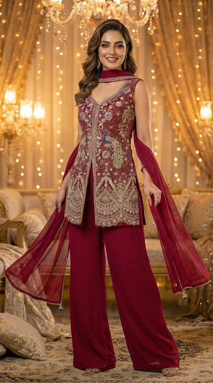 Embroidered Straight Top with Dupatta and Palazzo