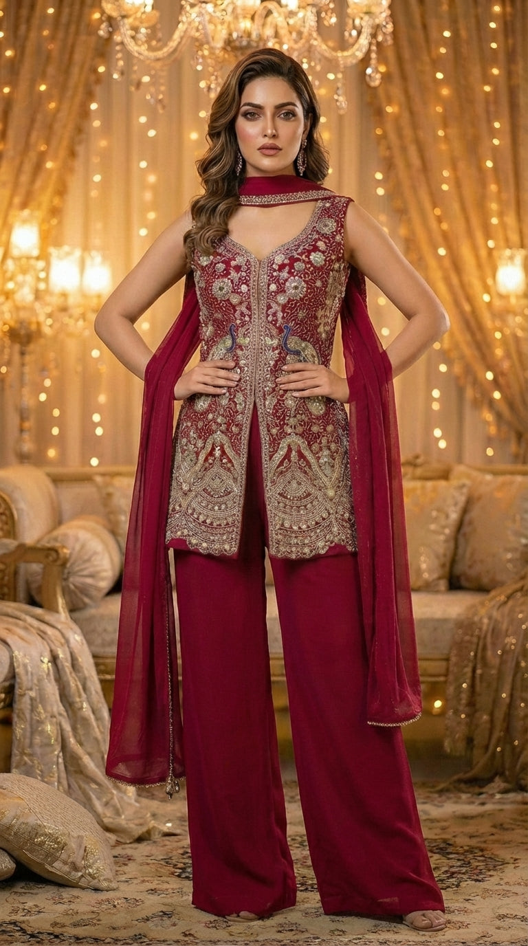 Embroidered Straight Top with Dupatta and Palazzo