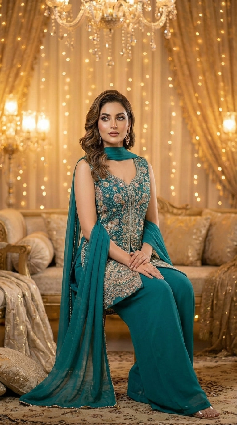 Embroidered Straight Top with Dupatta and Palazzo