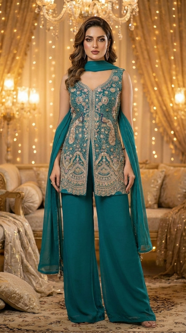 Embroidered Straight Top with Dupatta and Palazzo