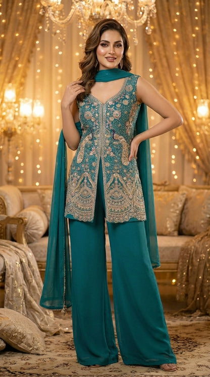 Embroidered Straight Top with Dupatta and Palazzo