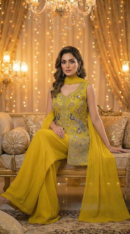 Embroidered Straight Top with Dupatta and Palazzo