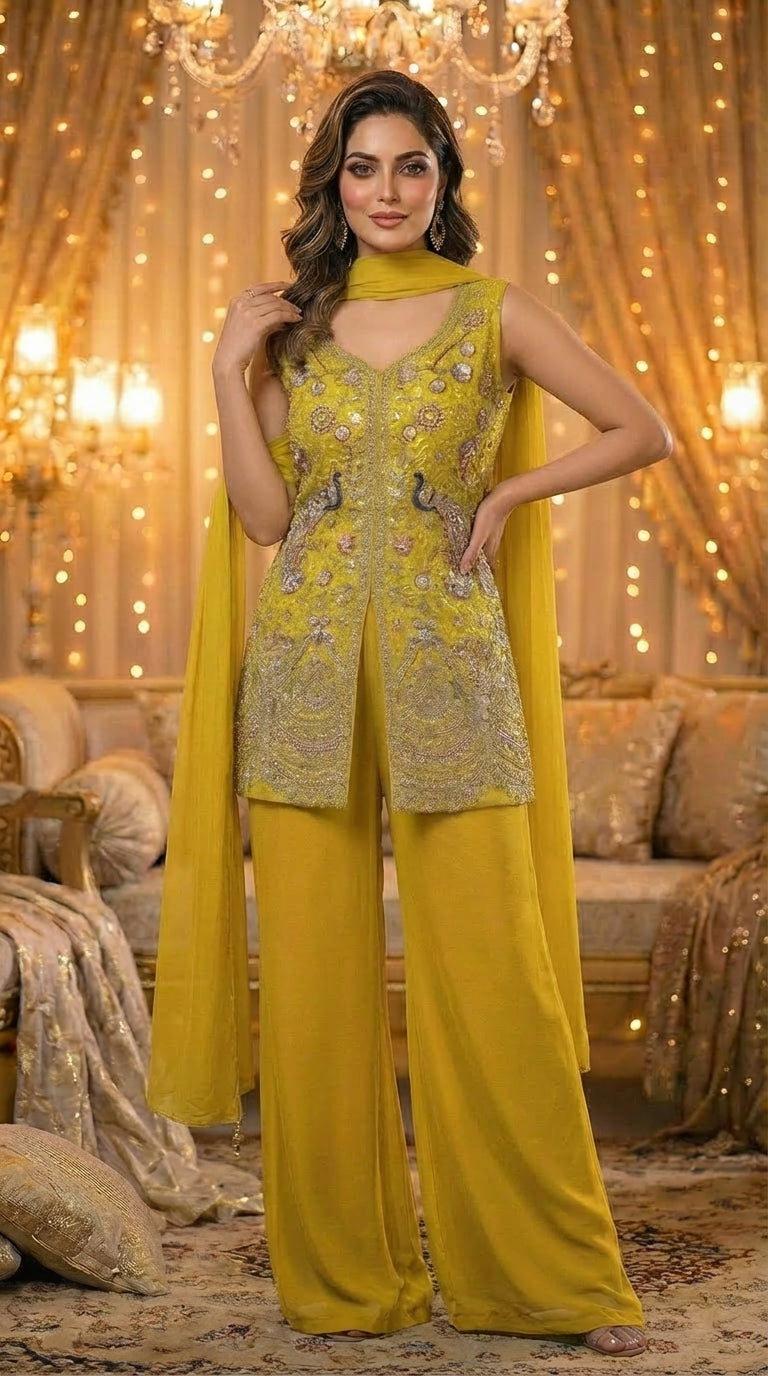 Embroidered Straight Top with Dupatta and Palazzo