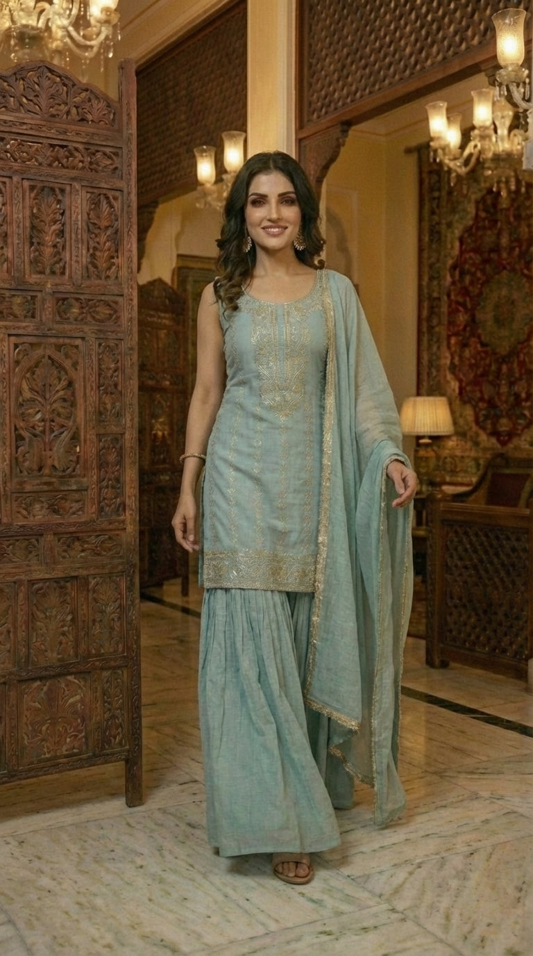 Heavy Beads Embroidered Top with Sharara Set