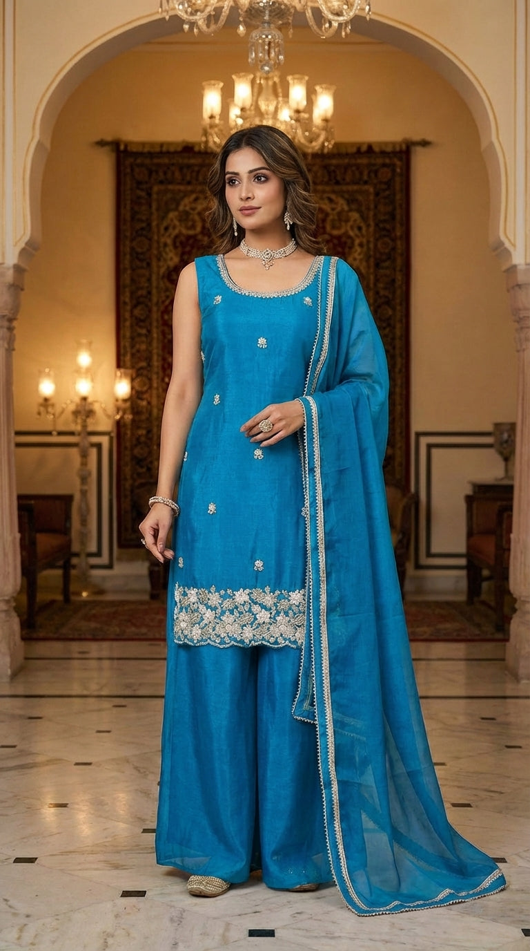 Elegant Beads Work Straight Suit Set with Palazzo & Dupatta