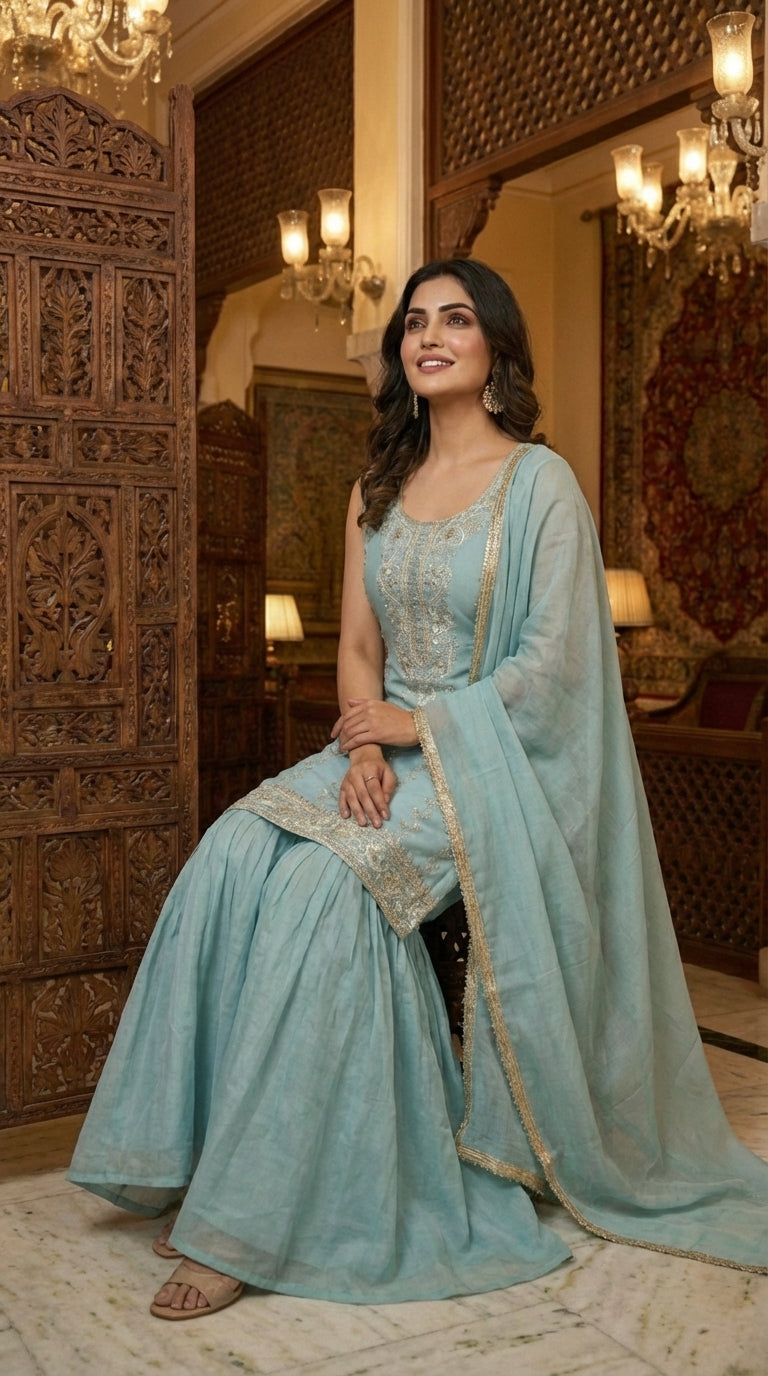 Heavy Beads Embroidered Top with Sharara Set