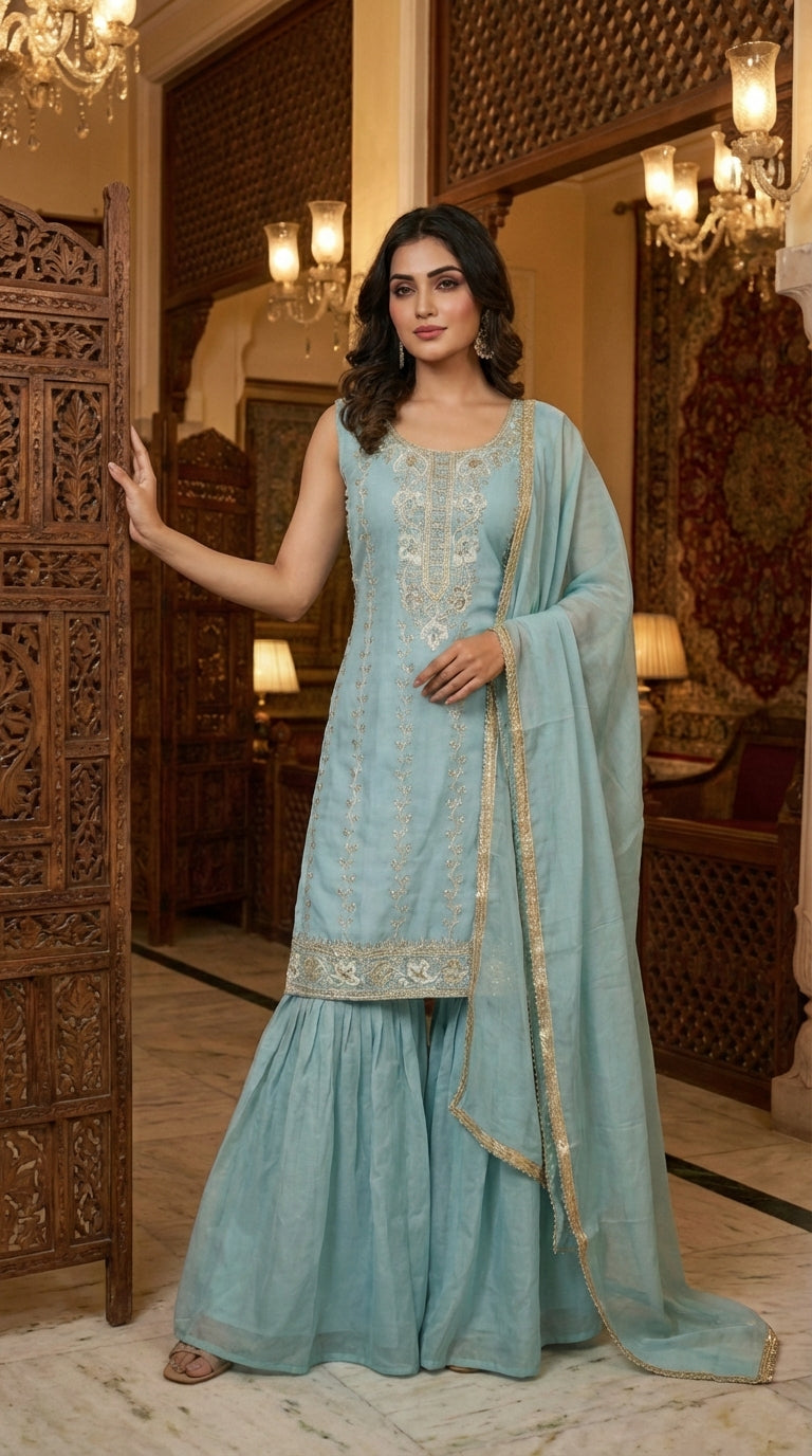Heavy Beads Embroidered Top with Sharara Set