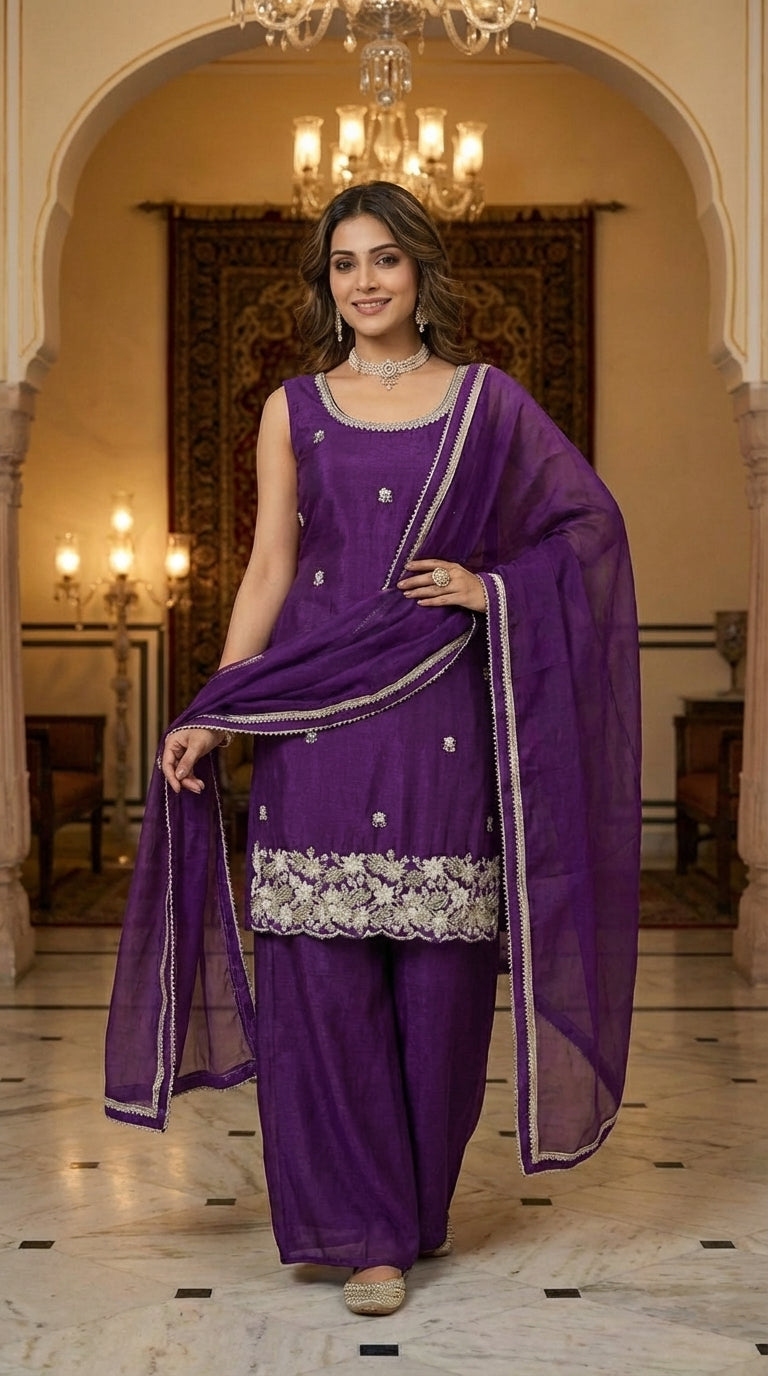 Elegant Beads Work Straight Suit Set with Palazzo & Dupatta
