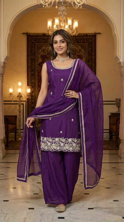 Elegant Beads Work Straight Suit Set with Palazzo & Dupatta