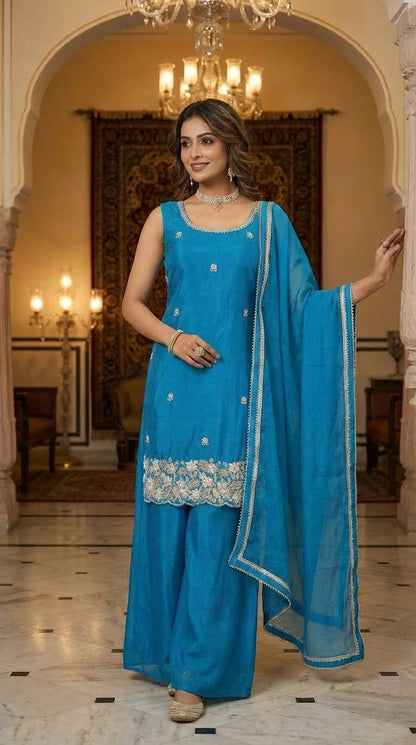 Elegant Beads Work Straight Suit Set with Palazzo & Dupatta