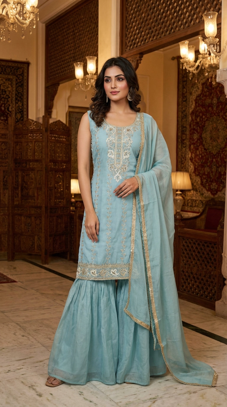 Heavy Beads Embroidered Top with Sharara Set