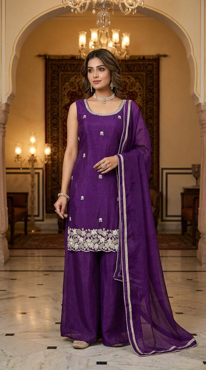 Elegant Beads Work Straight Suit Set with Palazzo & Dupatta