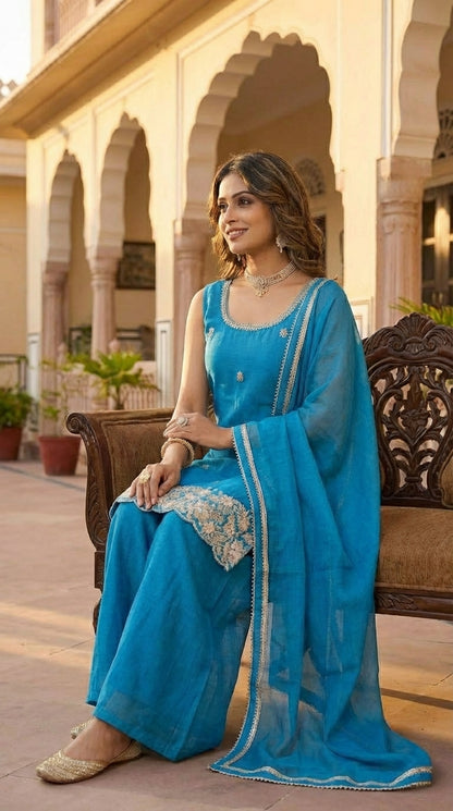 Elegant Beads Work Straight Suit Set with Palazzo & Dupatta