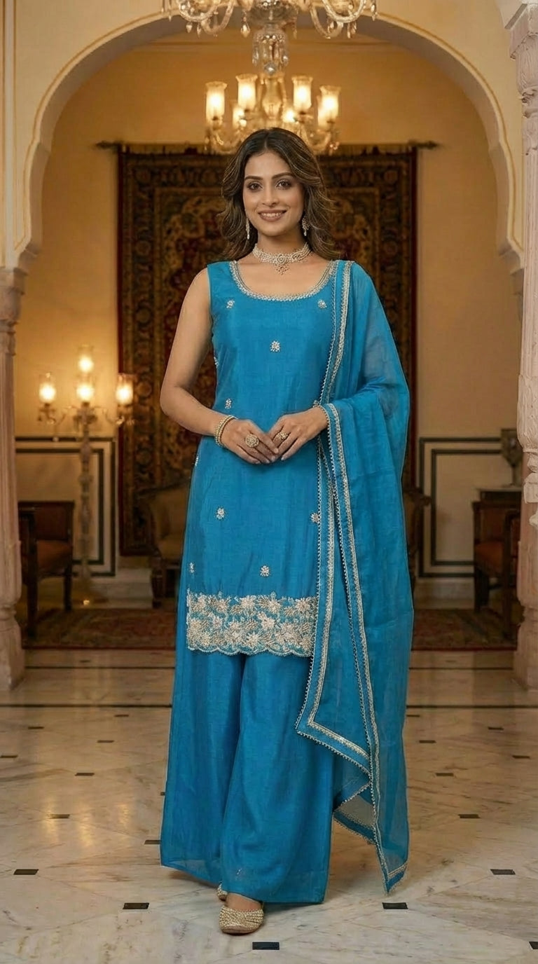 Elegant Beads Work Straight Suit Set with Palazzo & Dupatta
