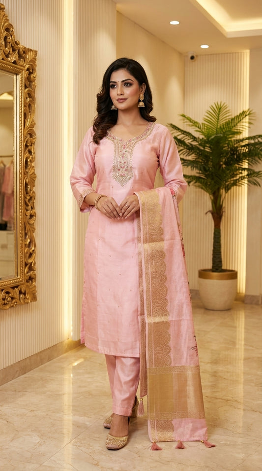 Beautiful Straight Suit with Neck Work, Brocade Dupatta & Pant