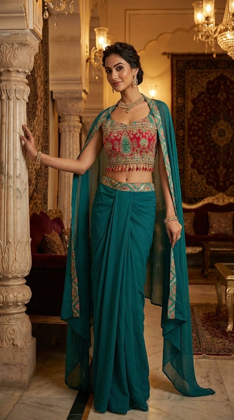 Embroidered Printed Indo Top with Shrug & Cowl Set