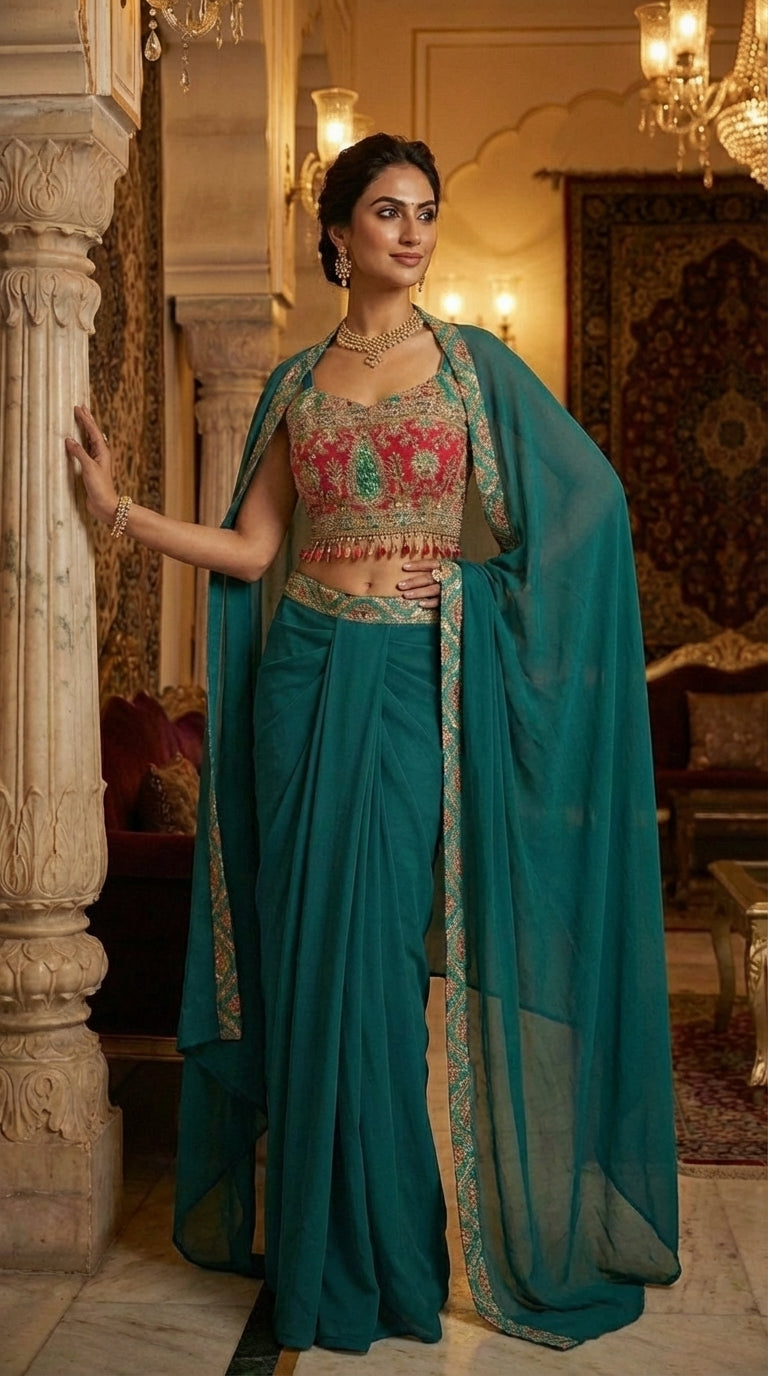 Embroidered Printed Indo Top with Shrug & Cowl Set