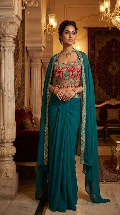 Embroidered Printed Indo Top with Shrug & Cowl Set