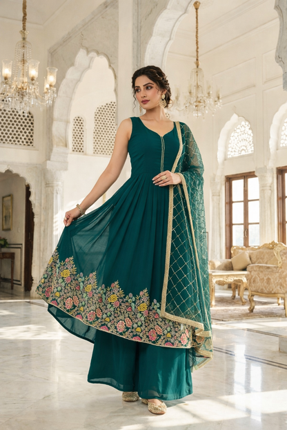 Heavy Embroidered Gher Anarkali with Palazzo & Dupatta