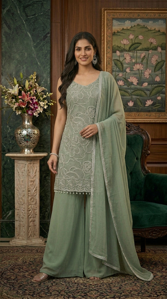 White Embroidery Work Straight Top with Palazzo Set