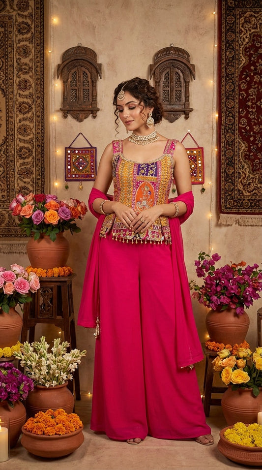 Hand-Touched Position Print Short Indo Top with Palazzo & Dupatta