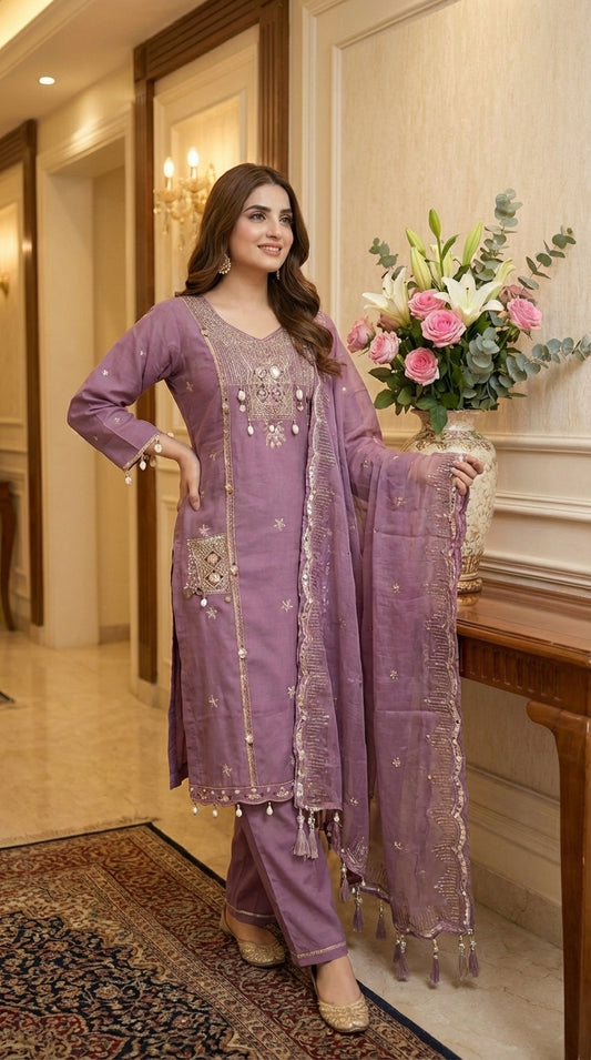 Multi Embroidery Work Suit Set with White Latkans – Kurta, Pant & Dupatta