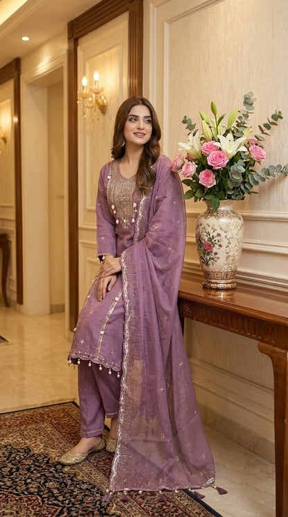 Multi Embroidery Work Suit Set with White Latkans – Kurta, Pant & Dupatta