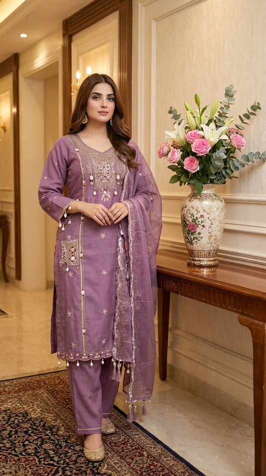 Multi Embroidery Work Suit Set with White Latkans – Kurta, Pant & Dupatta