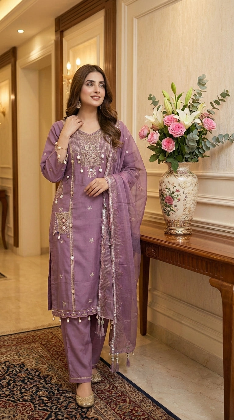 Multi Embroidery Work Suit Set with White Latkans – Kurta, Pant & Dupatta