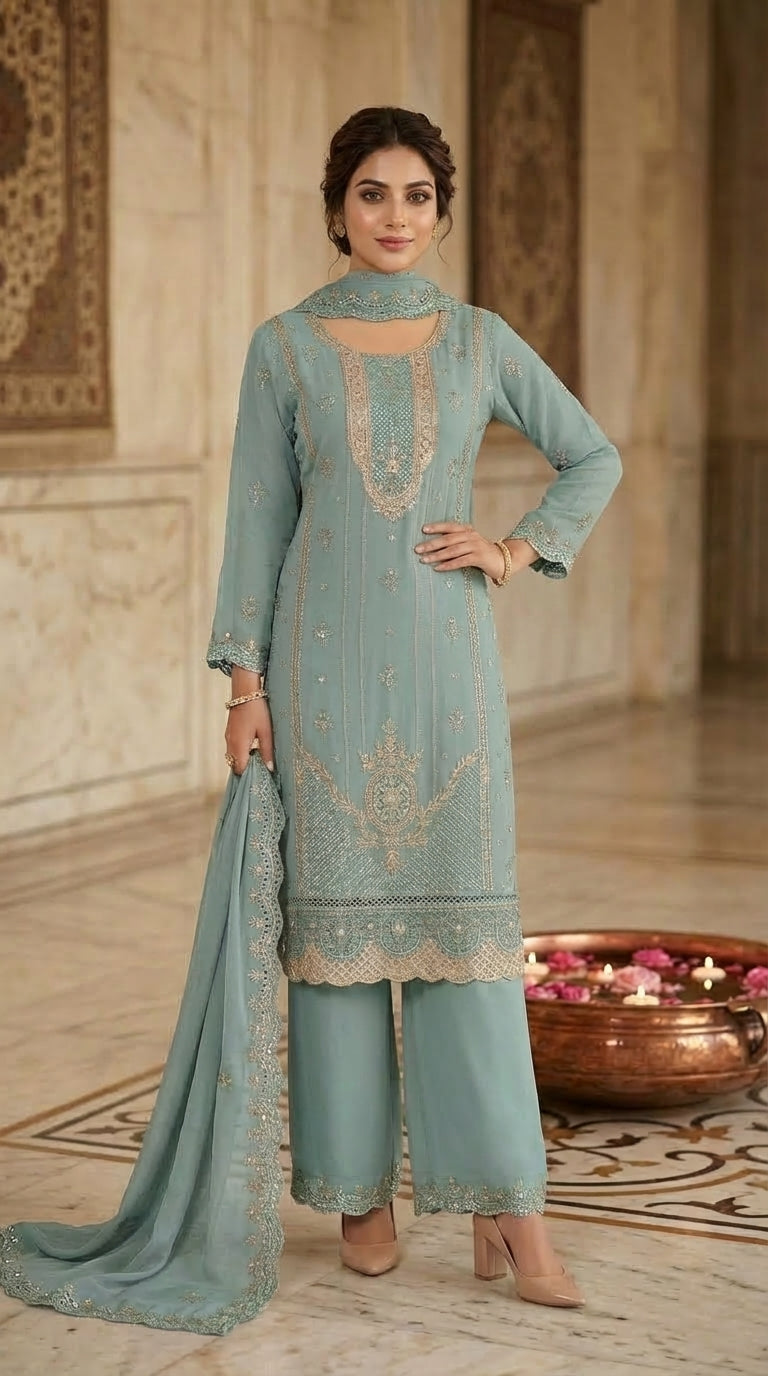 Beats Embroidered Straight Suit with Dupatta and Plazo work