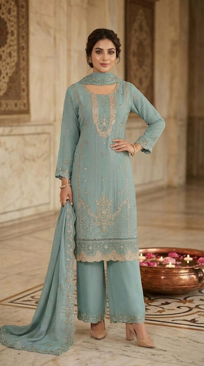 Beats Embroidered Straight Suit with Dupatta and Plazo work