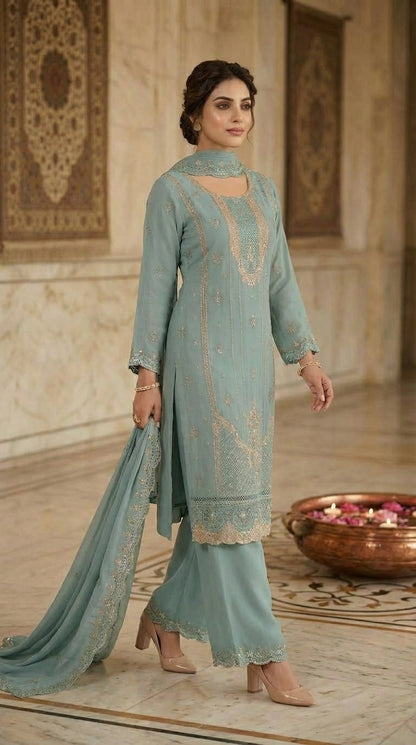 Beats Embroidered Straight Suit with Dupatta and Plazo work